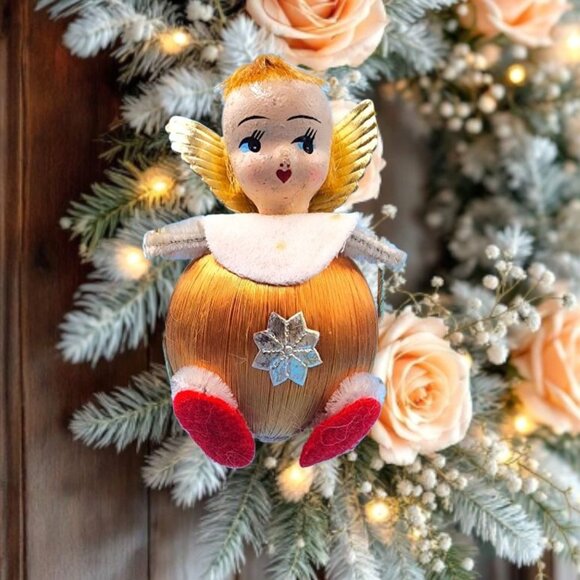 Vintage 1960s Pink Satin Ball Angel Ornament Foil Wings Spun Cotton Composite v5 - Picture 1 of 9